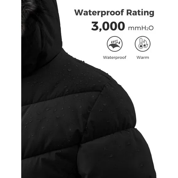 Women's Long Winter Coat Waterproof Warm Quilted Puffer Jacket with Faux Fur Hoo